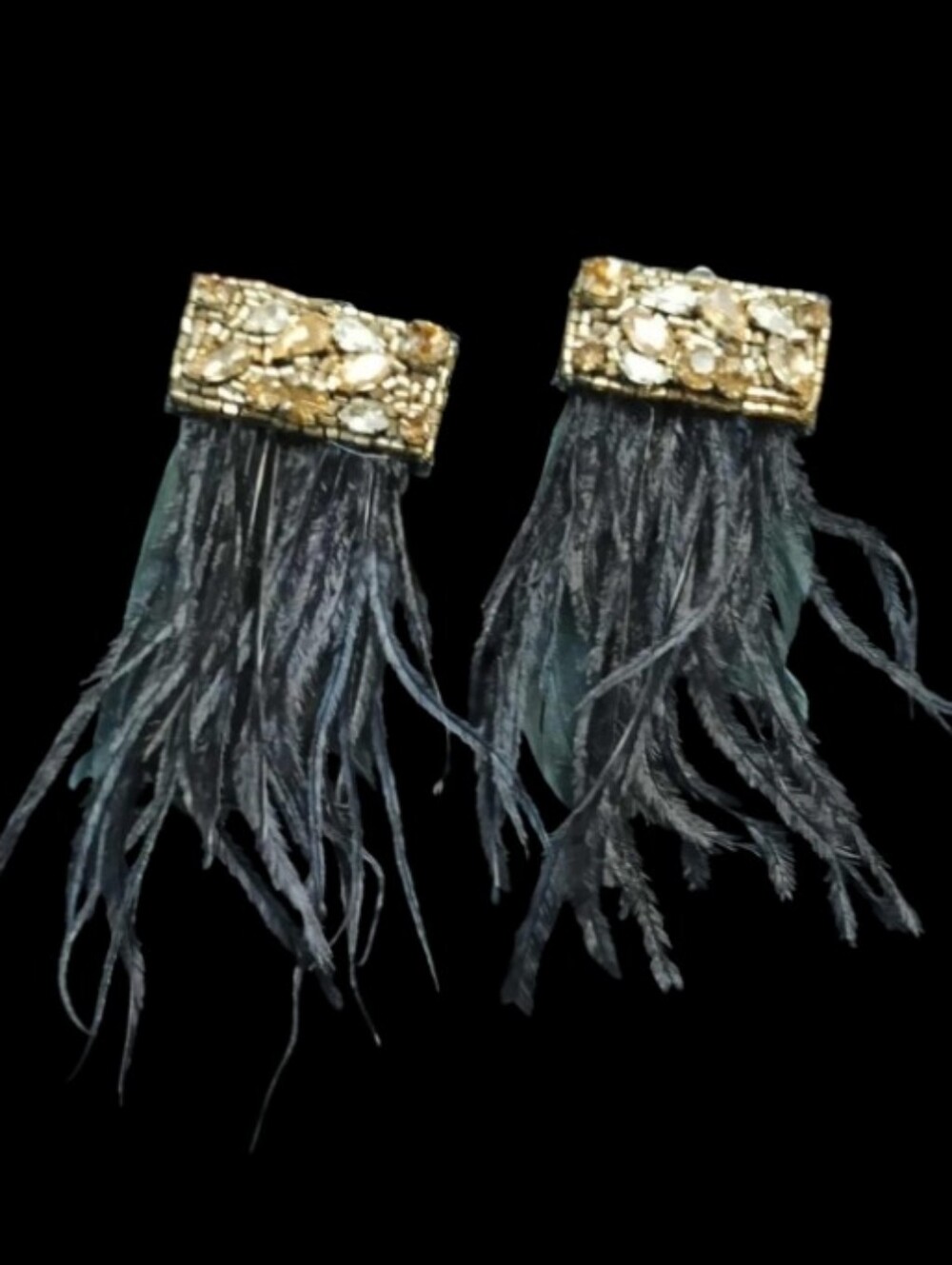 Vintage 80’s Black Feather Clip On Earrings Gold Tone Dramatic Statement Glam